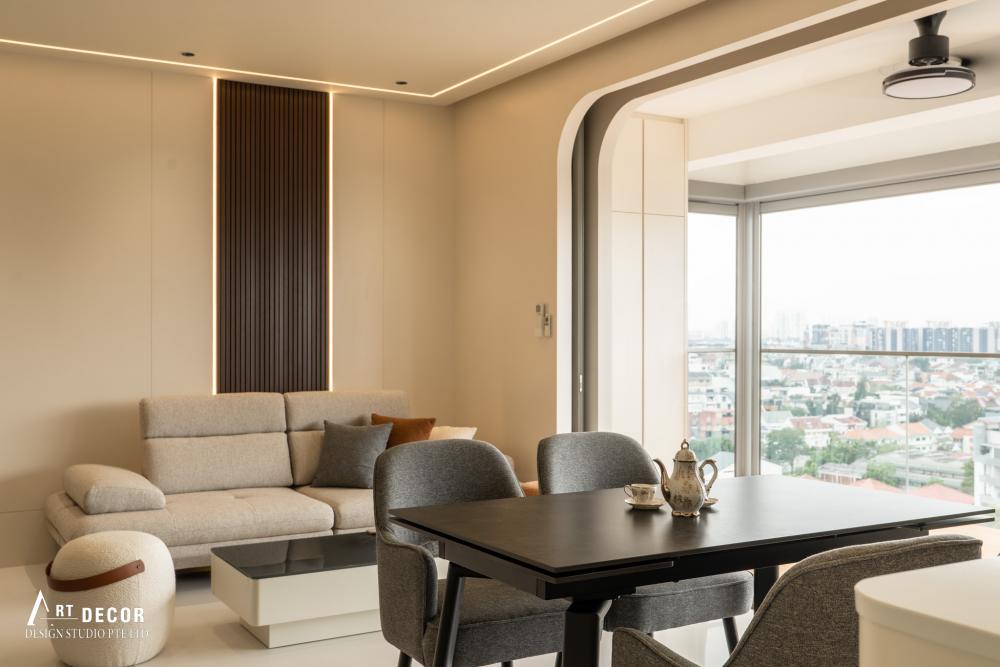 Contemporary Living Room with Feature Wall and Cove Lighting