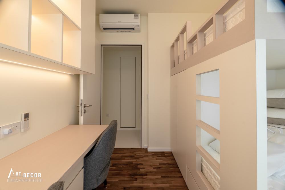 Contemporary Kids Room with Bookshelf and Platform Bed
