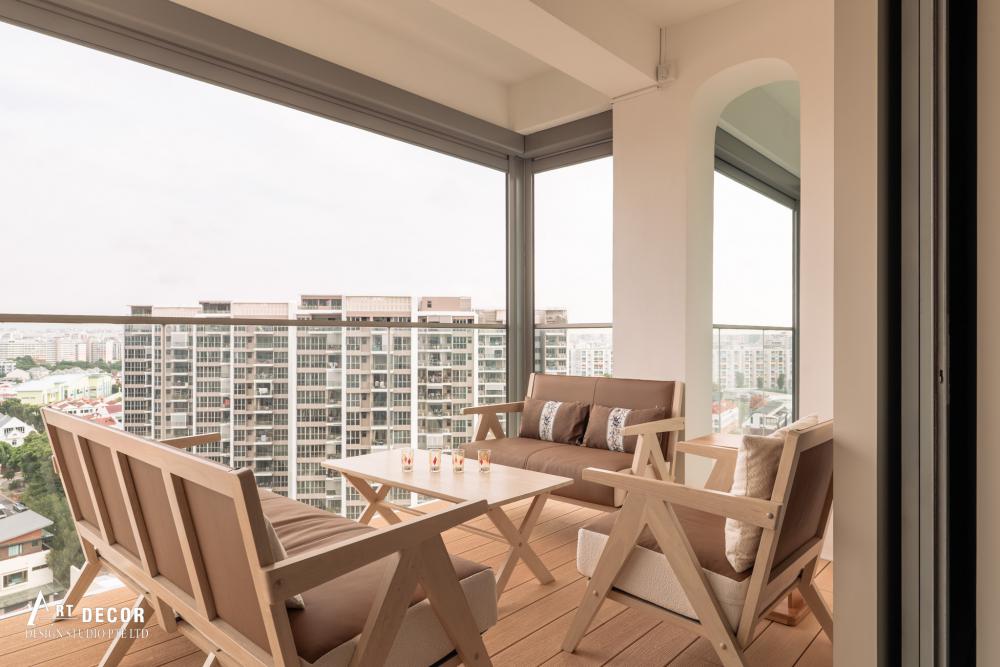 Contemporary Balcony with Parquet Floor and Window Seat