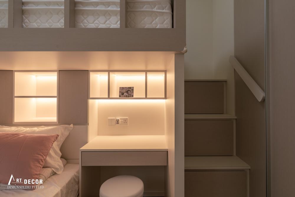 Contemporary Kids Room with Bookshelf and Platform Bed