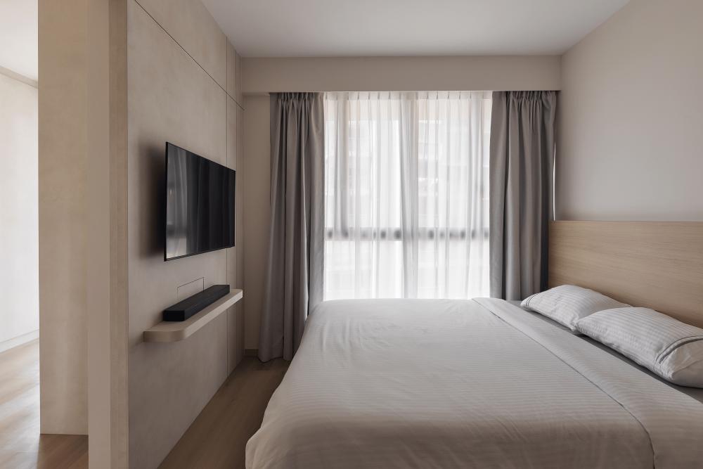 Asian Bedroom with Wood Flooring and Queen Bed