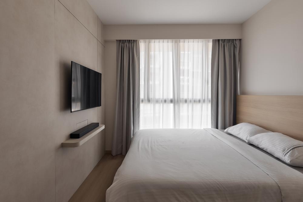 Asian Bedroom with Wood Flooring and TV