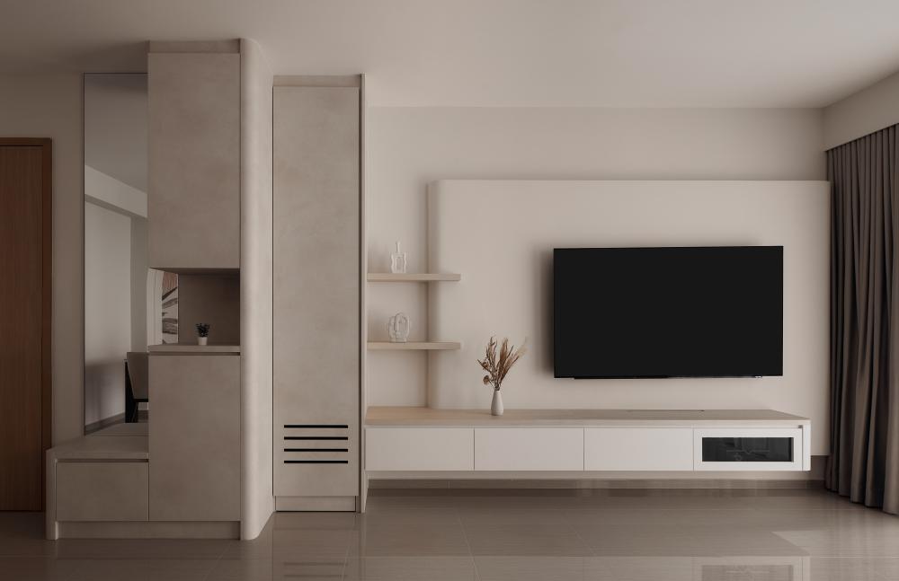 Asian Living Room with TV Console and TV