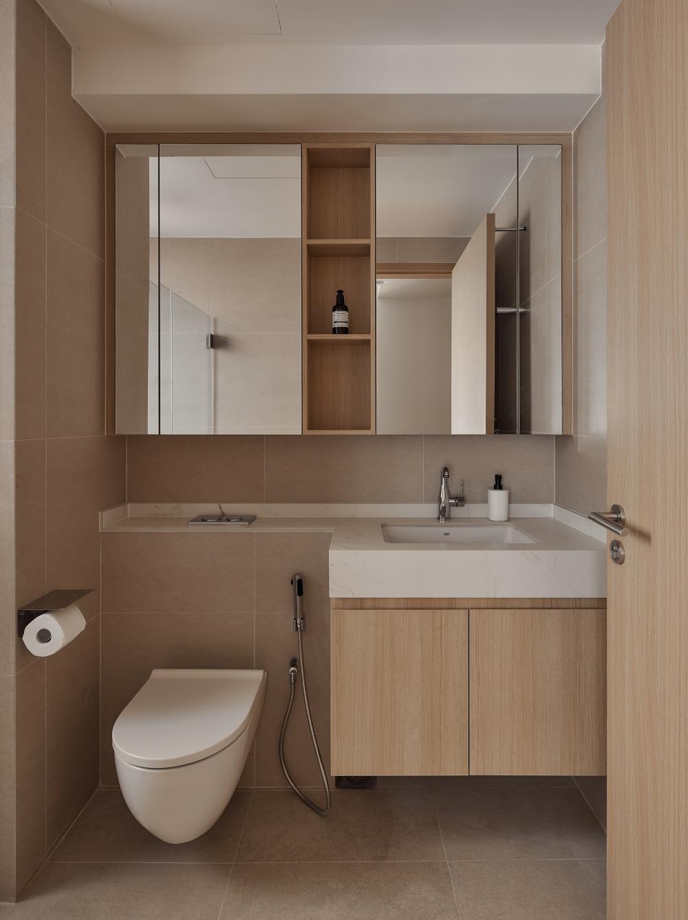 Asian Bathroom with Countertop and Bathroom Storage