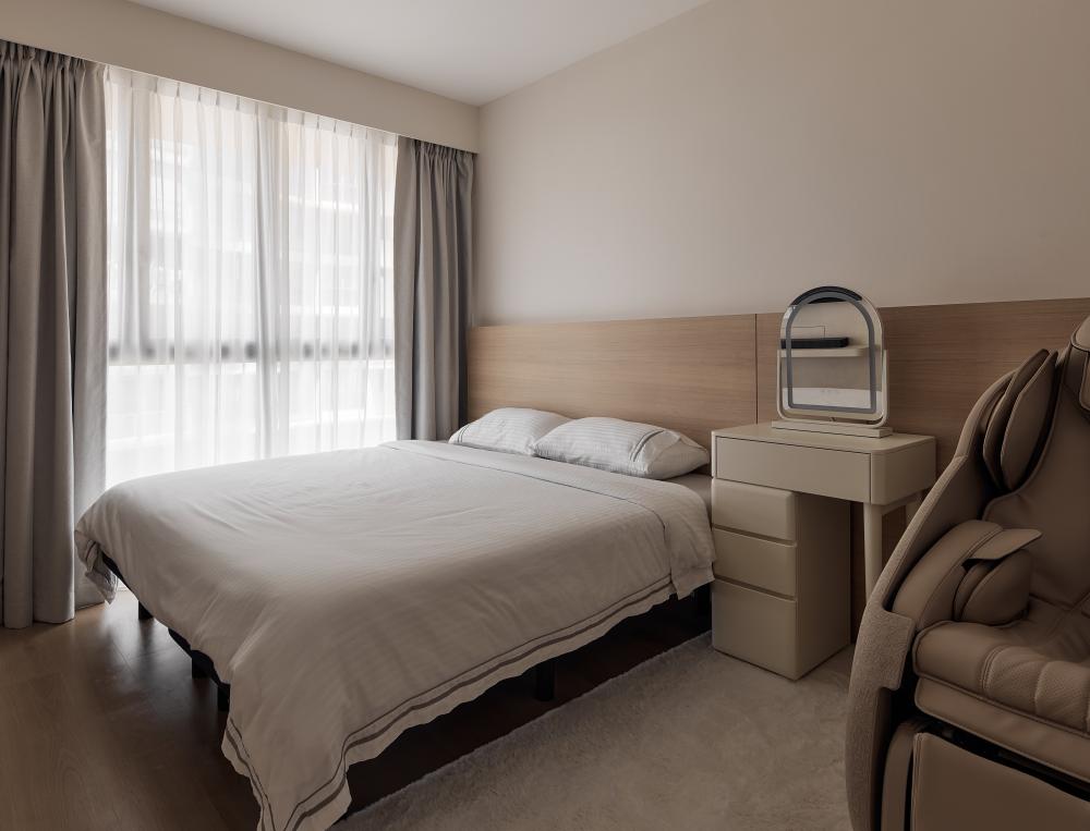 Asian Bedroom with Wood Flooring and Bedside Table