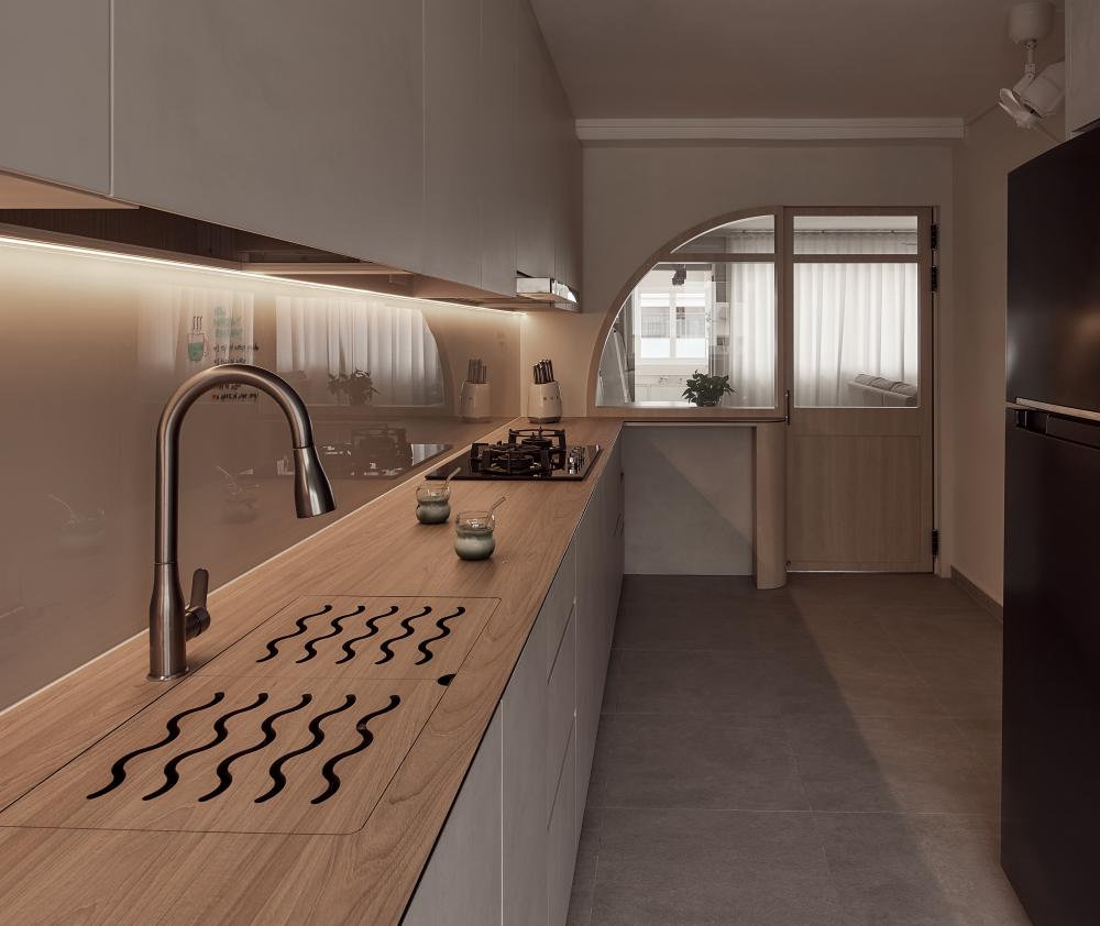 Asian Kitchen with Kitchen Island and Cupboard