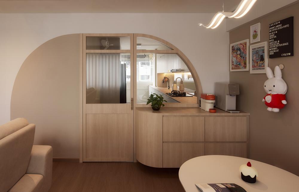 Asian Living Room with Wood Flooring and Ceiling Light