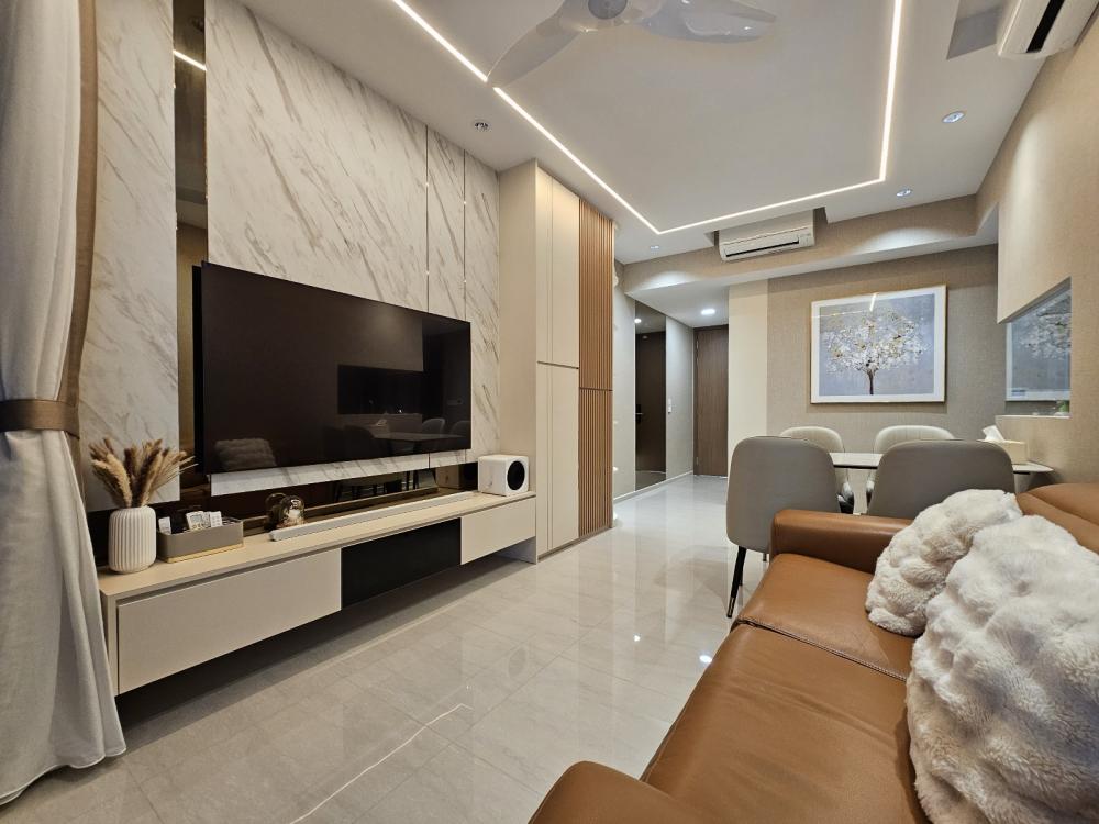 Scandinavian Living Room with Marble Floor and TV Console