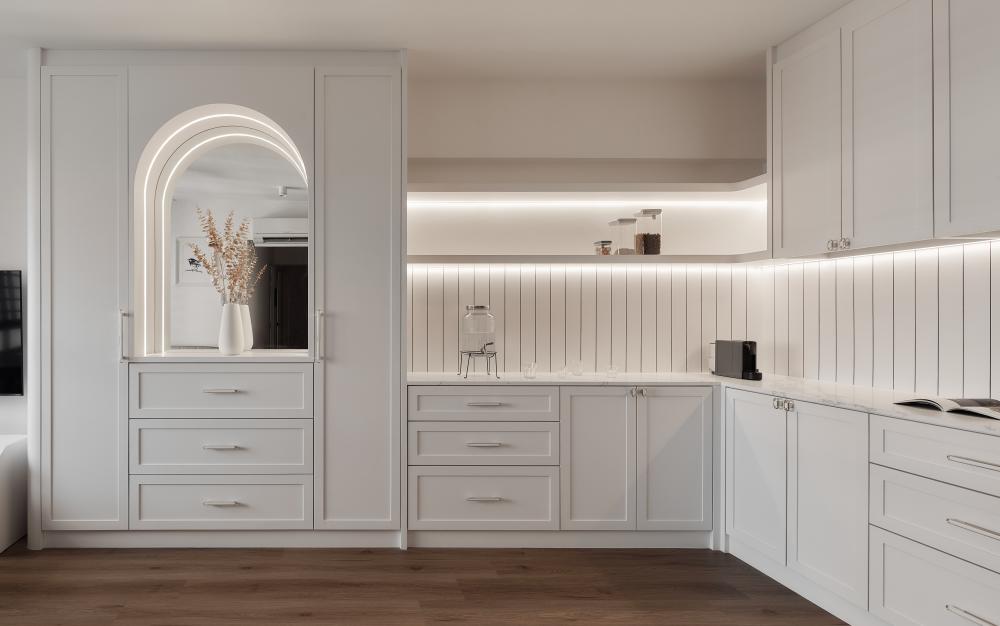 Modern Living Room with Wood Flooring and Storage Cabinets