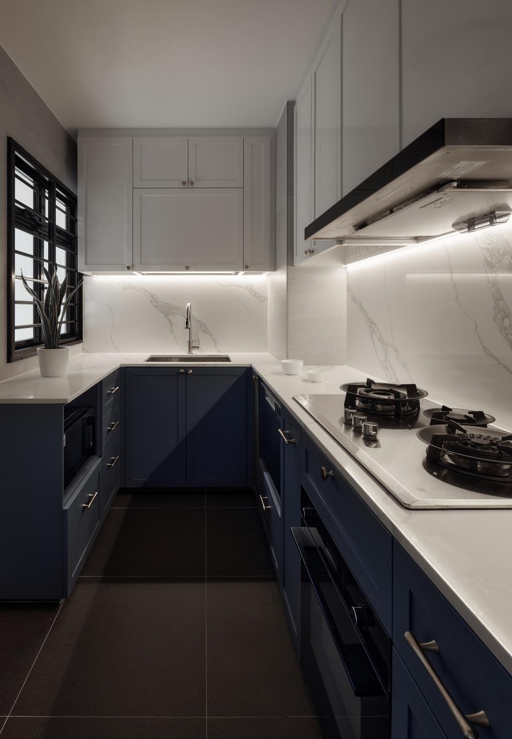 Modern Kitchen with Countertop and Marble Floor