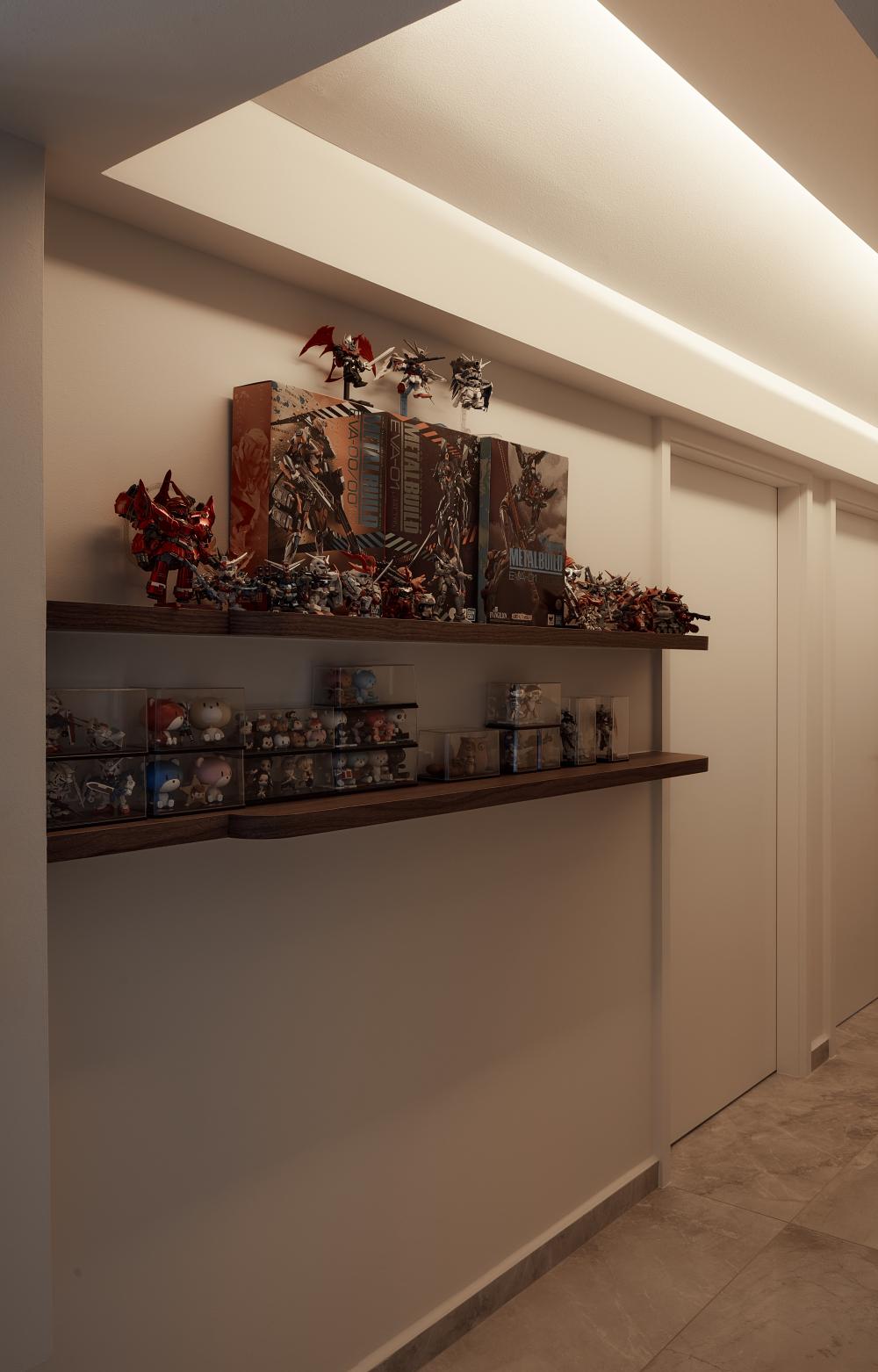 Minimalist Hallway with Bookshelf and Artwork