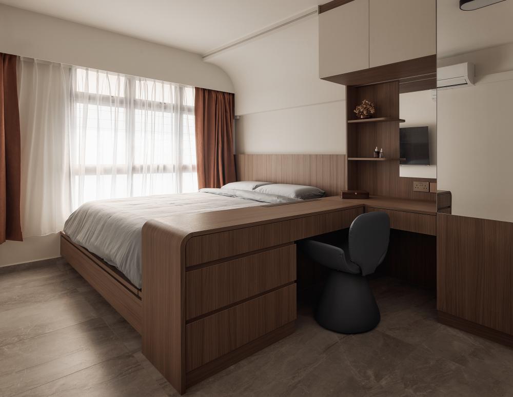 Minimalist Bedroom with Wood Flooring and Wardrobe