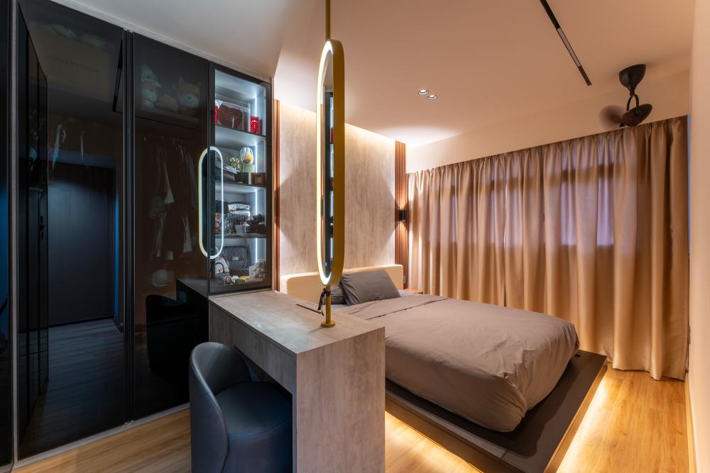 Asian Bedroom with Platform Bed and Feature Wall
