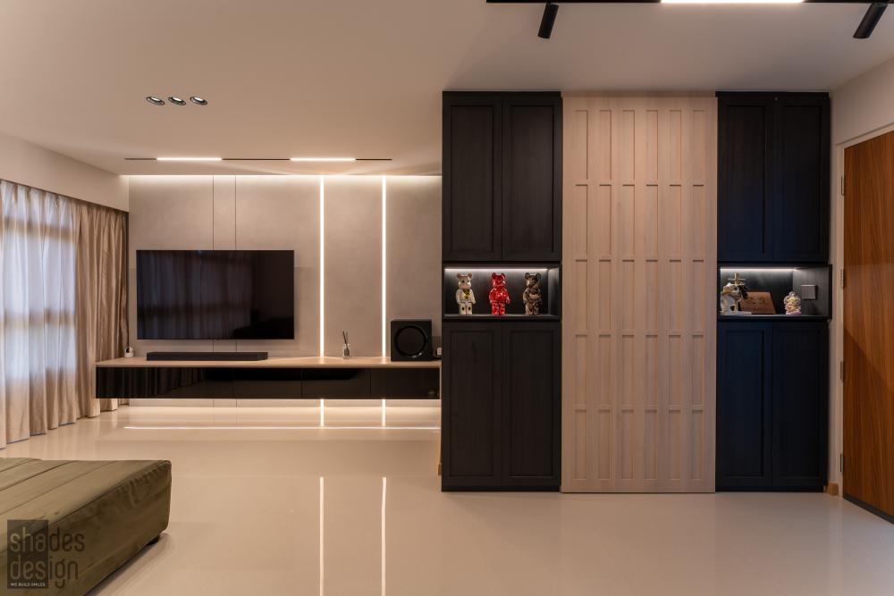 Asian Living Room with Homogeneous Tiles and TV Console