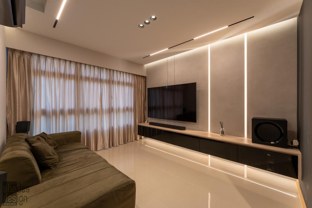 Asian Living Room with TV Console and Feature Wall