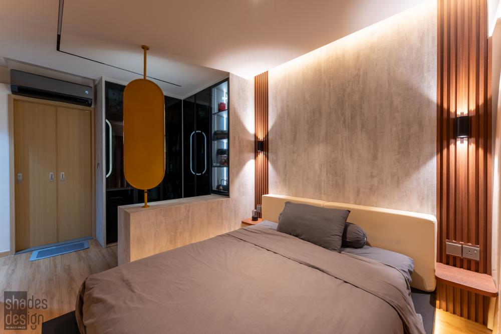 Asian Bedroom with Feature Wall and Drop Ceiling