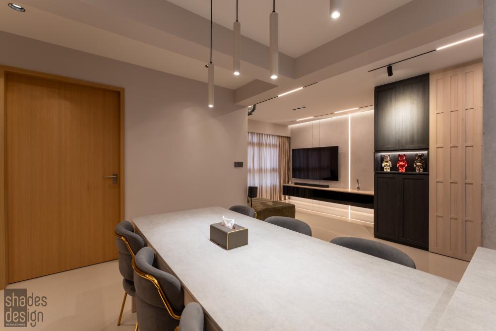 Asian Dining Room with Open Kitchen and Dining Table