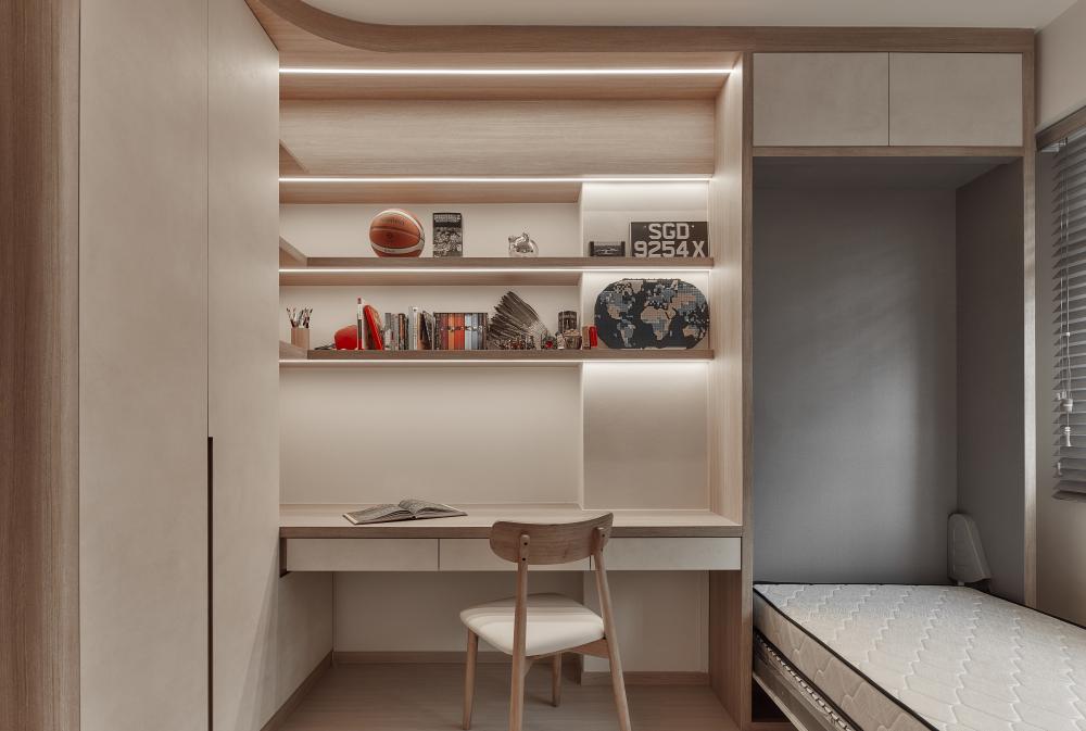 Modern Bedroom with Bookshelf and Vinyl Flooring