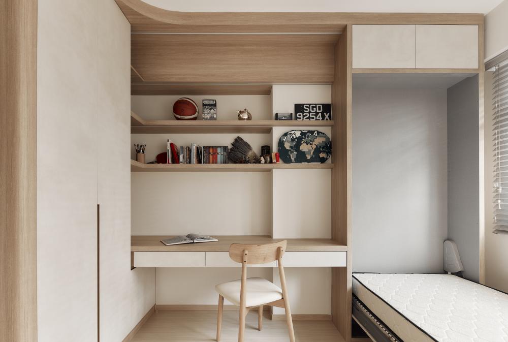 Modern Bedroom with Bookshelf and Wardrobe