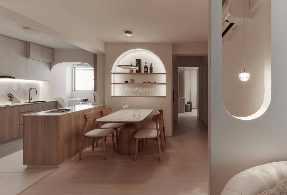 Modern Dining Room with Chandelier and Open Kitchen