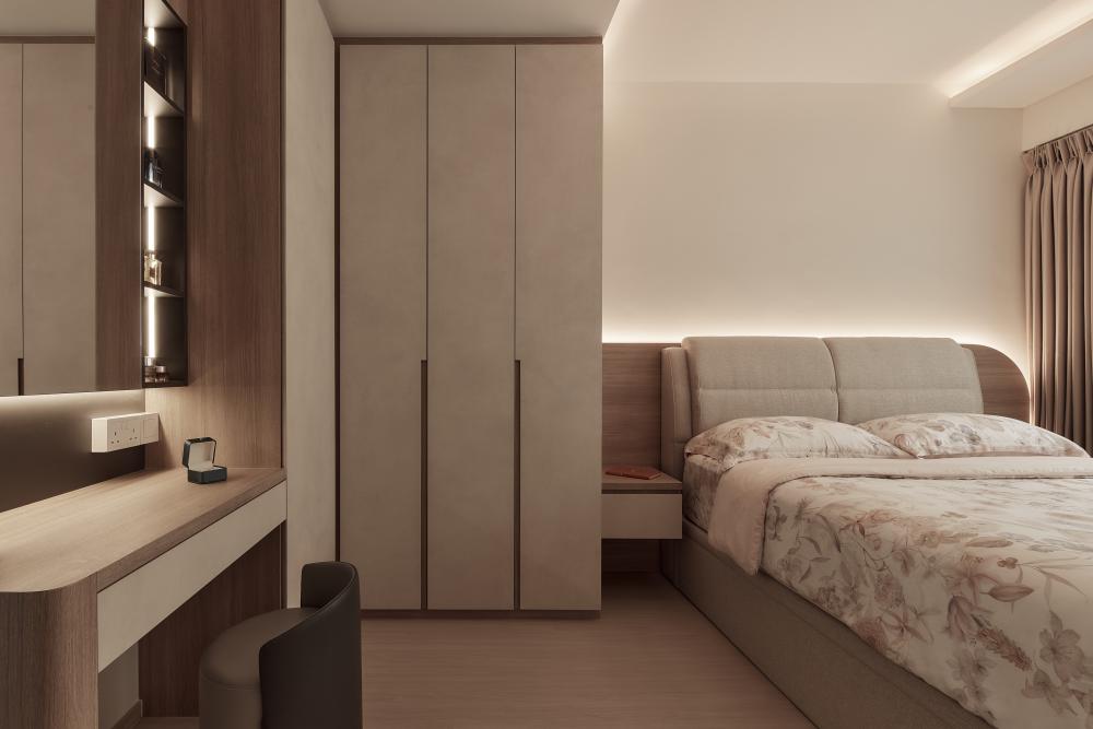 Modern Bedroom with Parquet Floor and Wardrobe