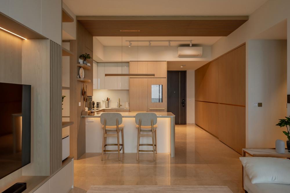 Modern Kitchen with Marble Floor and Kitchen Island