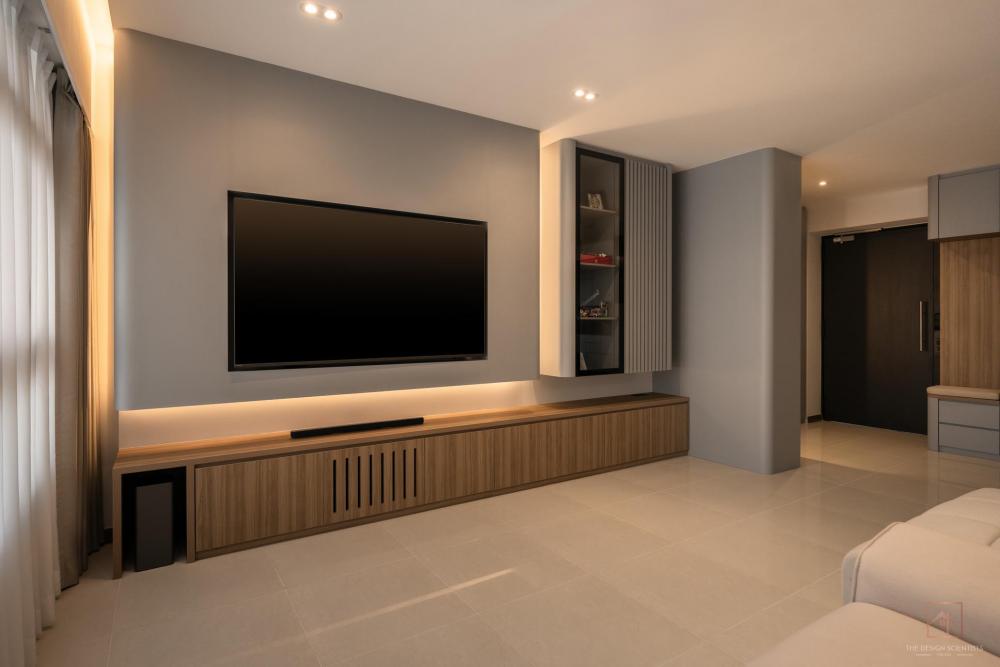 Contemporary Living Room with Bookshelf and TV Console