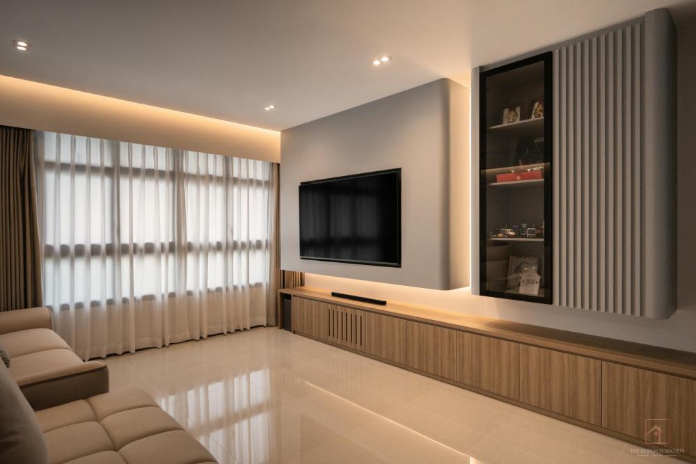 Contemporary Living Room with TV Console and Cove Lighting