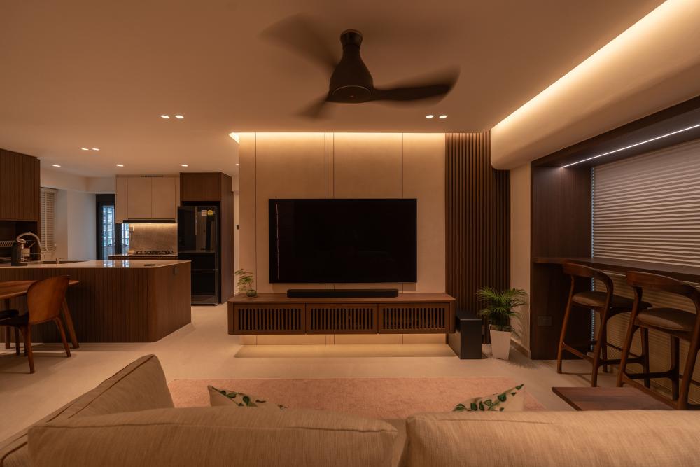 Modern Living Room with Countertop and Homogeneous Tiles