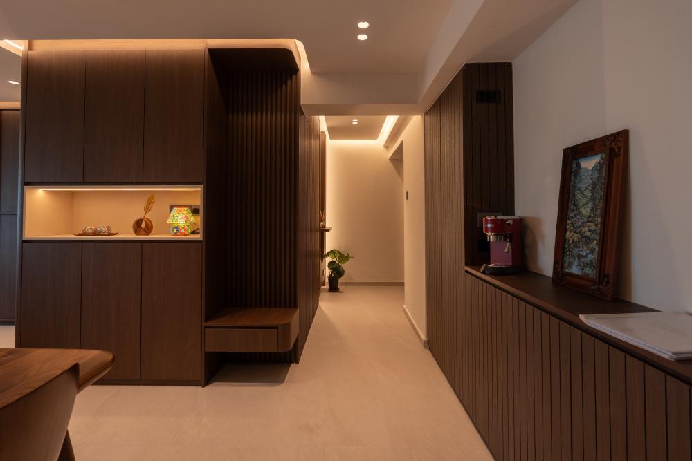 Modern Hallway with Bookshelf and Artwork