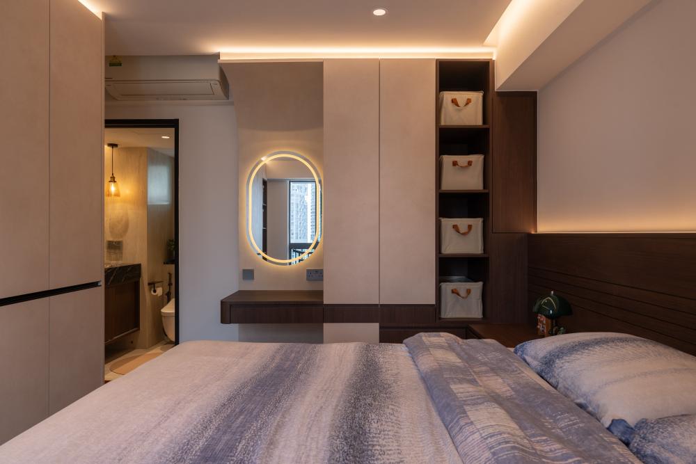 Modern Bedroom with Bookshelf and Homogeneous Tiles