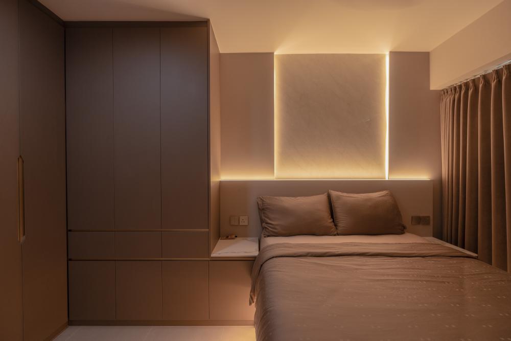Modern Bedroom with Cove Lighting and Built-in Bed