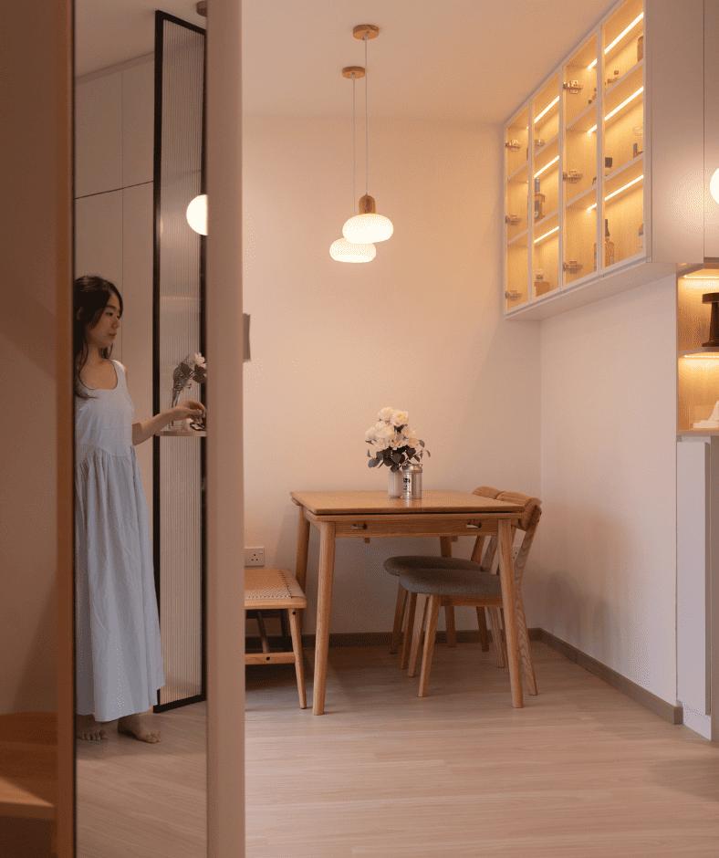 Scandinavian Dining Room with Drop Light and Ceiling Light