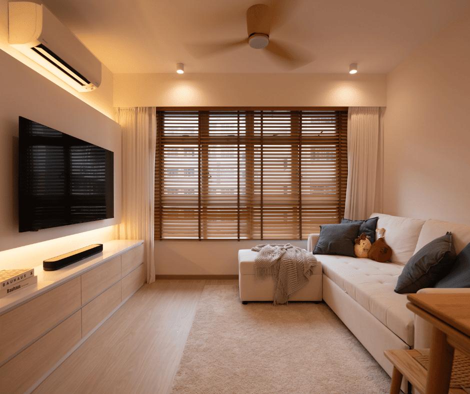 Scandinavian Living Room with TV Console and Feature Wall
