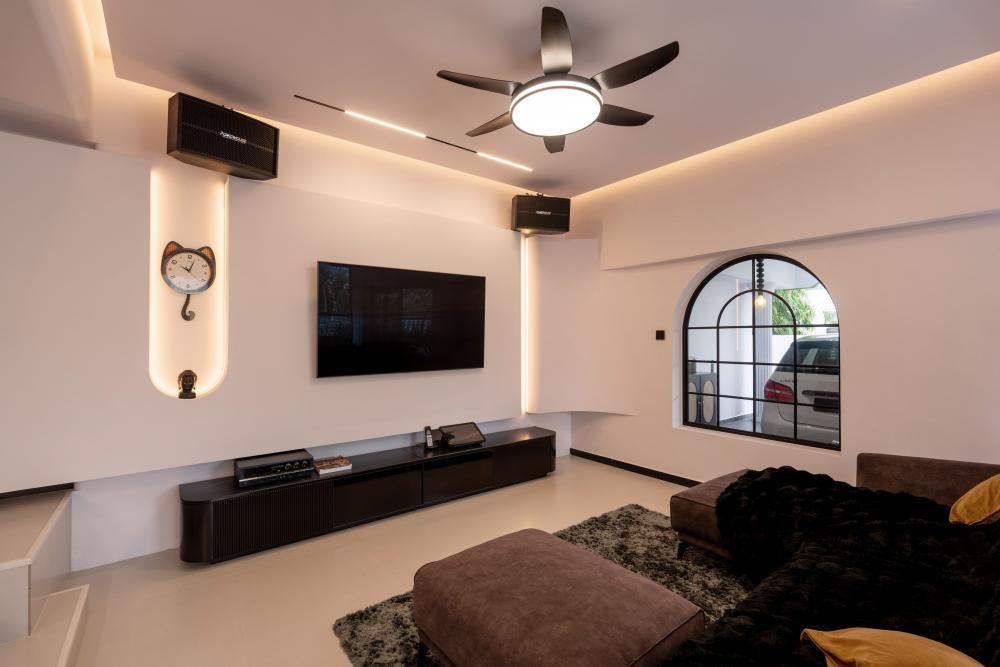 Modern Living Room with Homogeneous Tiles and TV Console