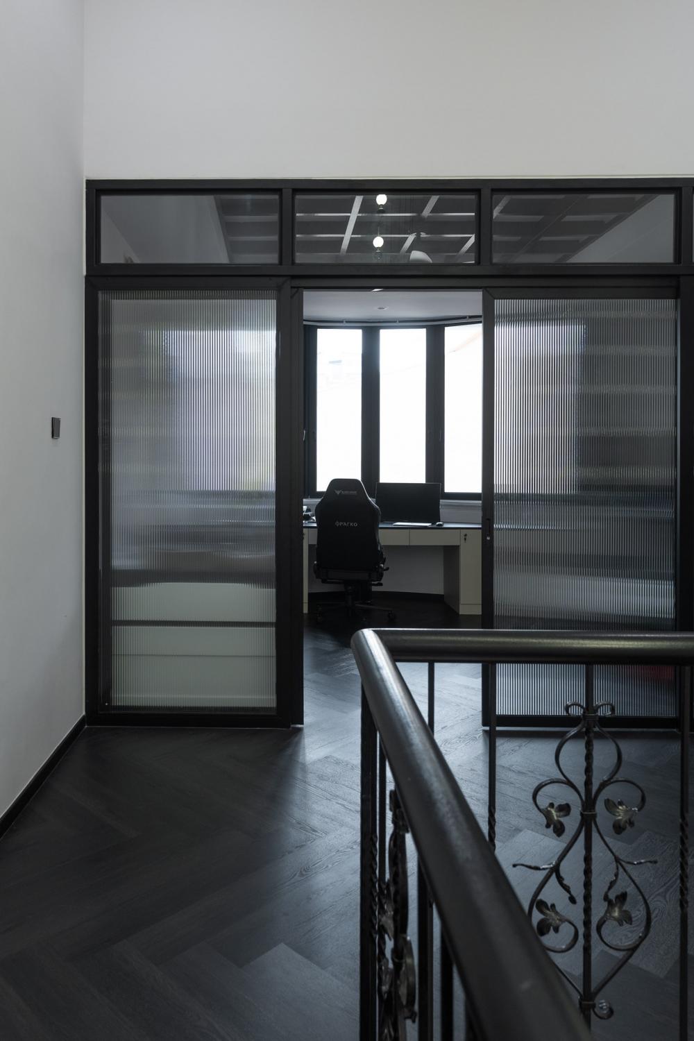 Modern Study with Bookshelf and Ceiling Light