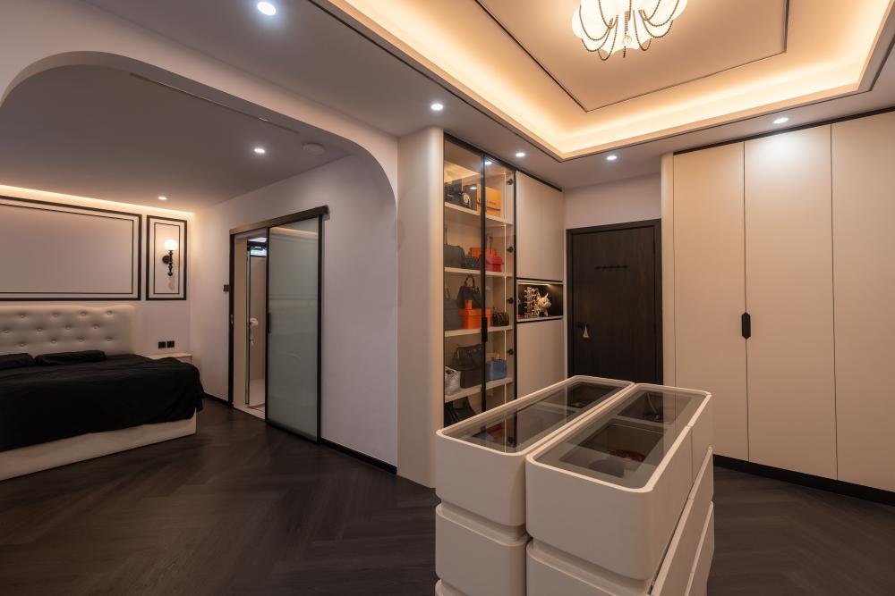 Modern Walk-in Wardrobe with TV Console and Sofa