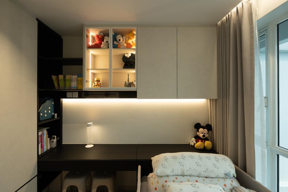 Contemporary Bedroom with Bookshelf and Drop Light