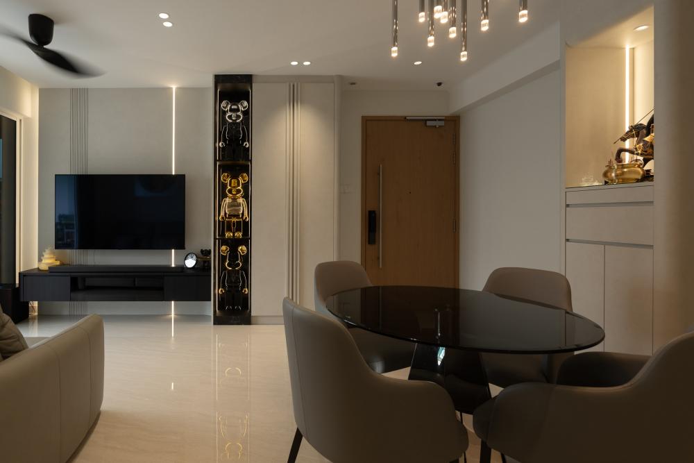 Contemporary Living Room with Herringbone Tiling and TV Console