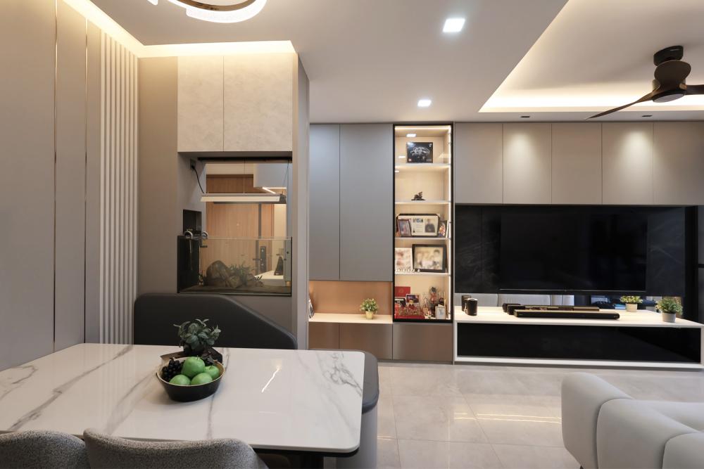 Contemporary Living Room with TV Console and Drop Light