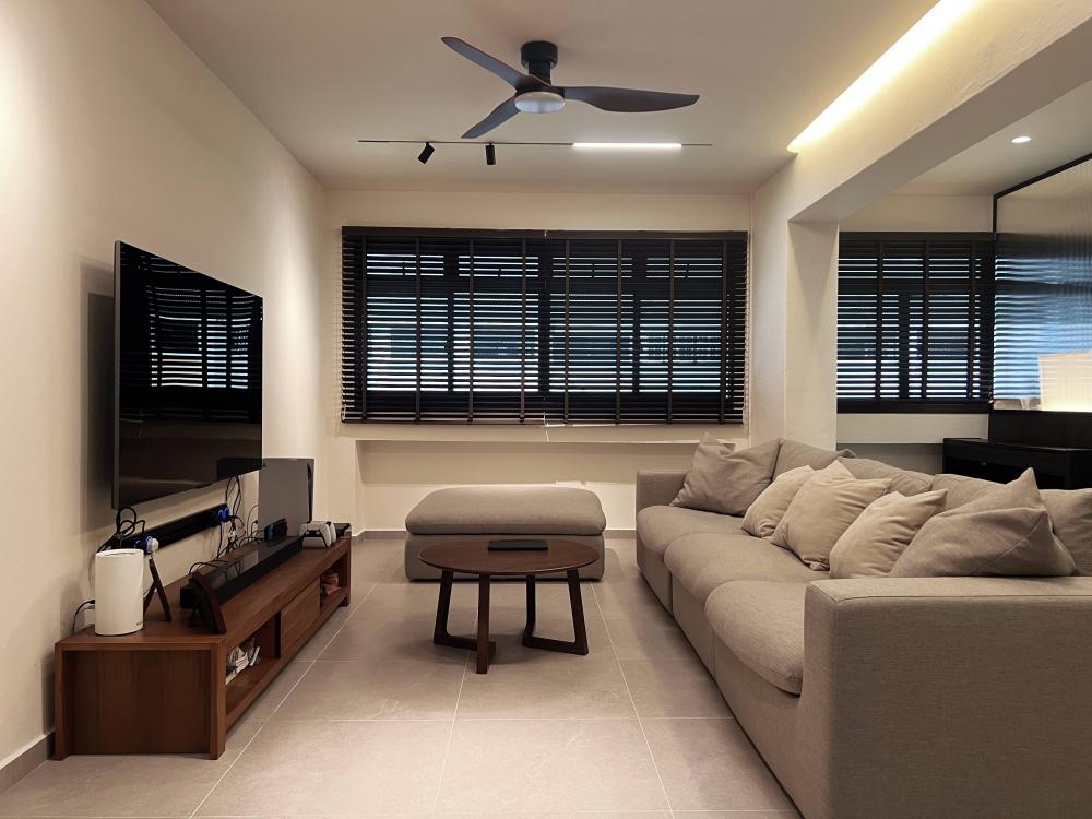 Modern Living Room with Homogeneous Tiles and Cove Lighting
