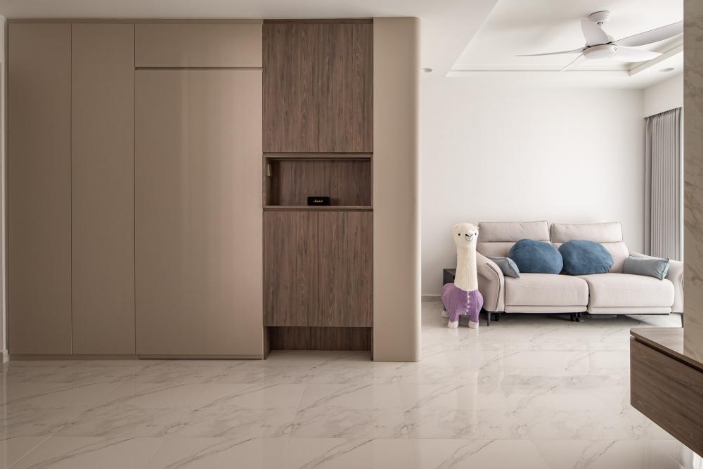 Modern Entryway with Ceiling Fan and Sofa