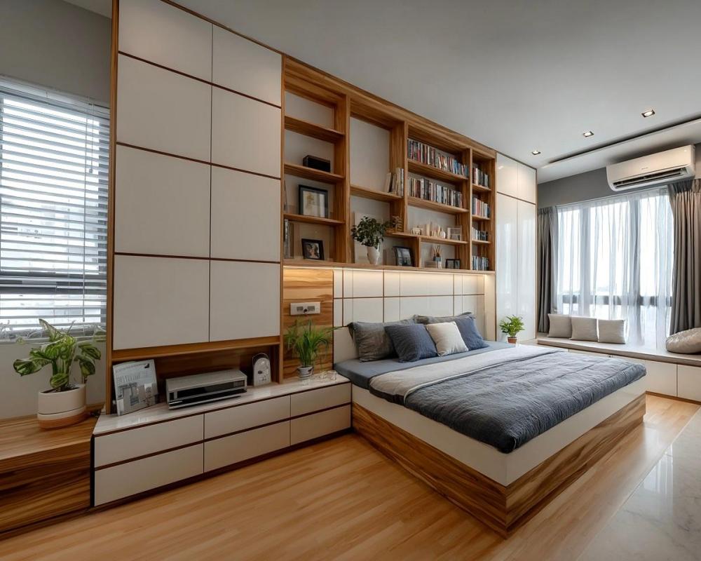 Contemporary Bedroom with Bookshelf and Vinyl Flooring