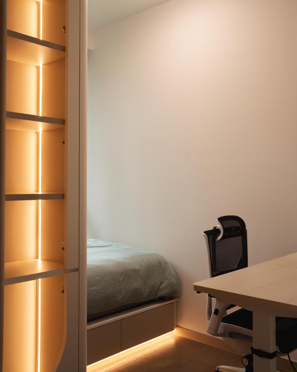 Minimalist Bedroom with Bookshelf and Platform Bed