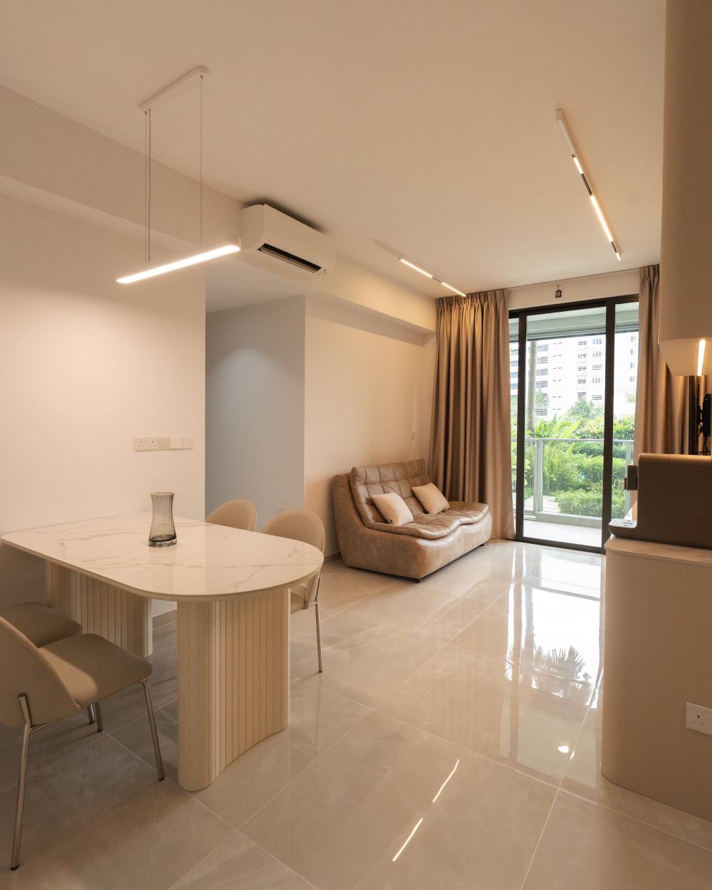 Minimalist Living Room with Bookshelf and Homogeneous Tiles