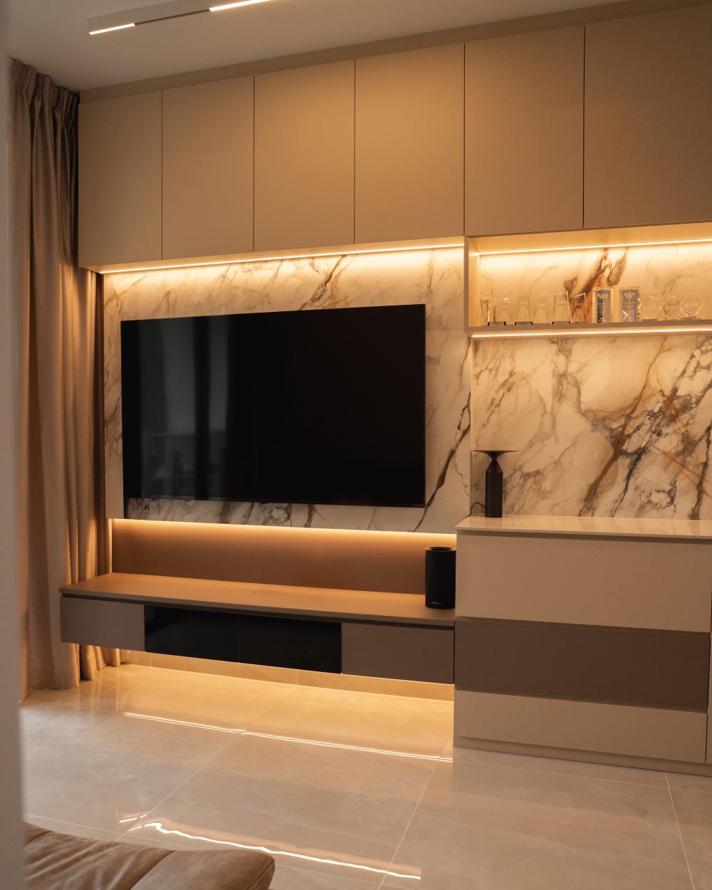 Minimalist Living Room with Herringbone Tiling and Marble Floor