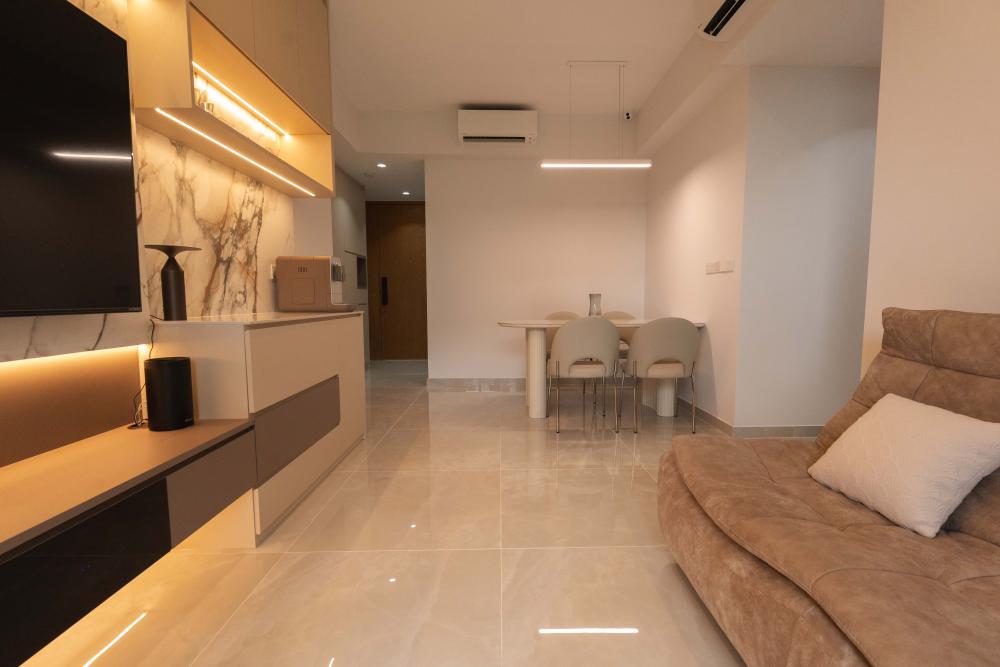 Minimalist Living Room with Homogeneous Tiles and Herringbone Tiling
