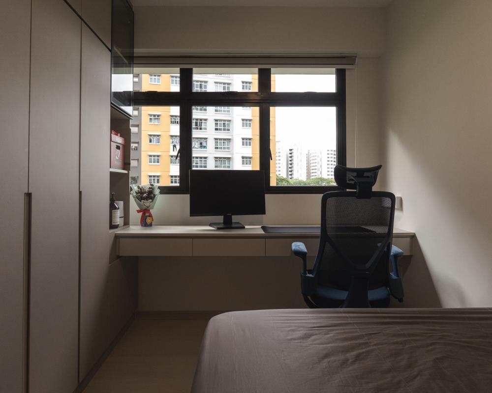 Modern Bedroom with Bookshelf and Platform Bed