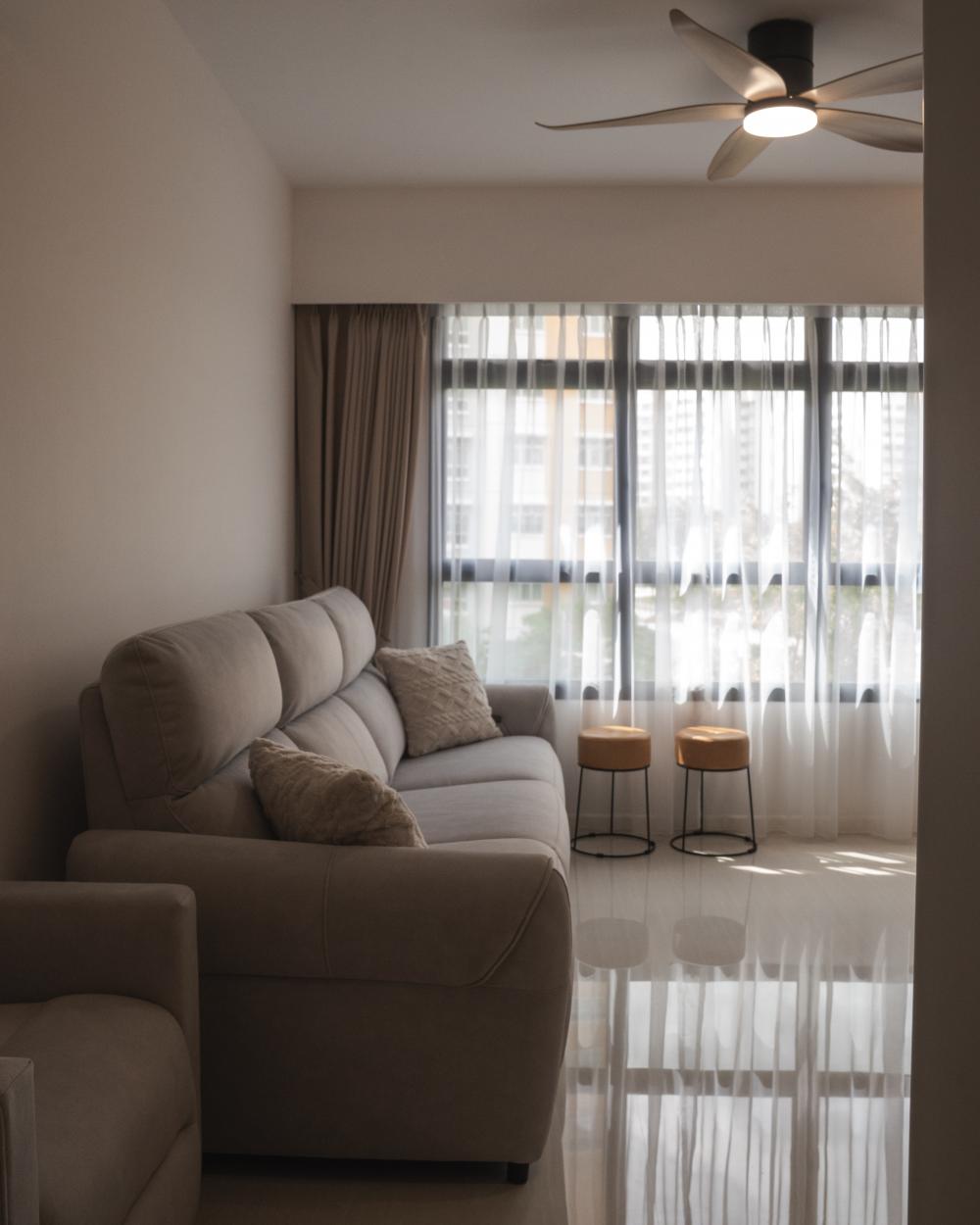 Modern Living Room with Herringbone Tiling and Cement Floor
