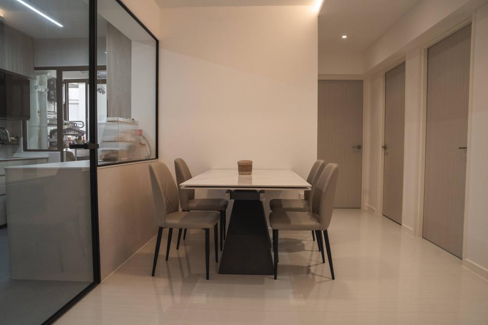 Modern Dining Room with Cove Lighting and Drop Ceiling